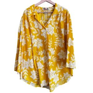 Bridge Gate Yellow White Floral Cotton Button Down Shirt Plus Size B4/3XL Summer